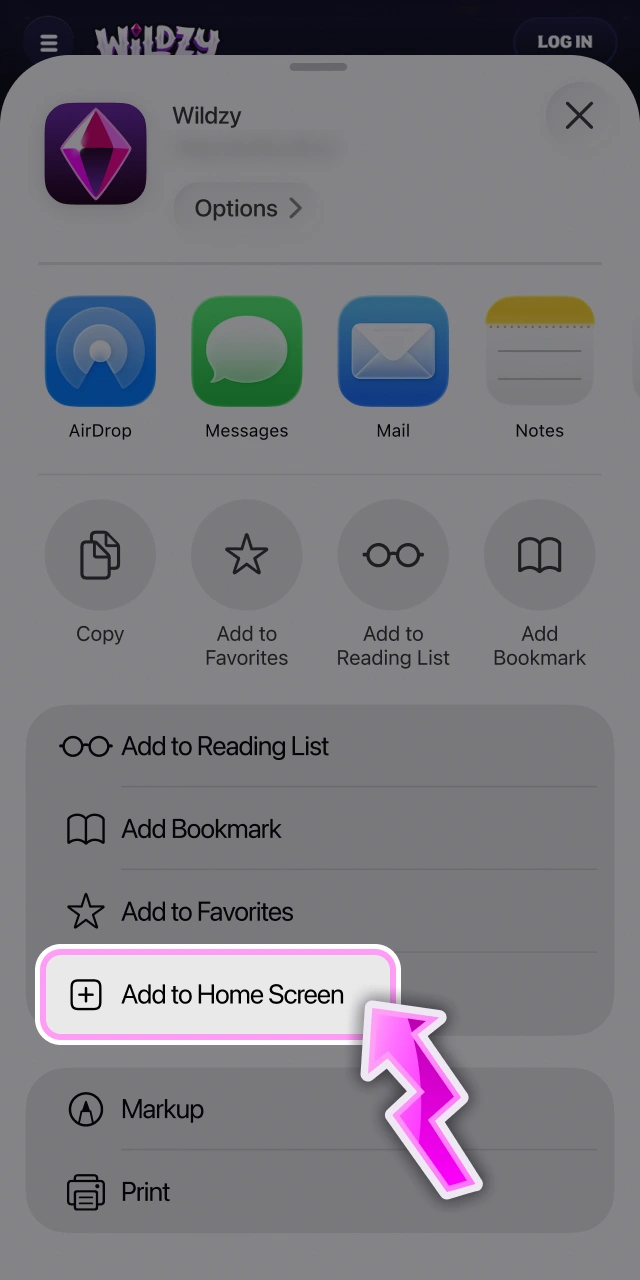 Select add to home screen on Wildzy official mobile site.